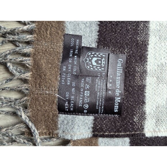 Guillaume De Mons Paris Brown Gray Striped Wool Scarf Shawl  Fringe 62"x12" - Picture 3 of 5